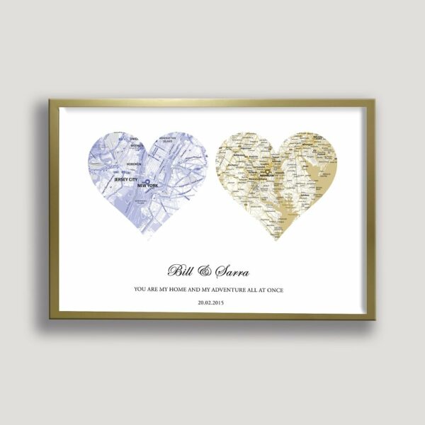 wedding heart map framed canvas gold frame