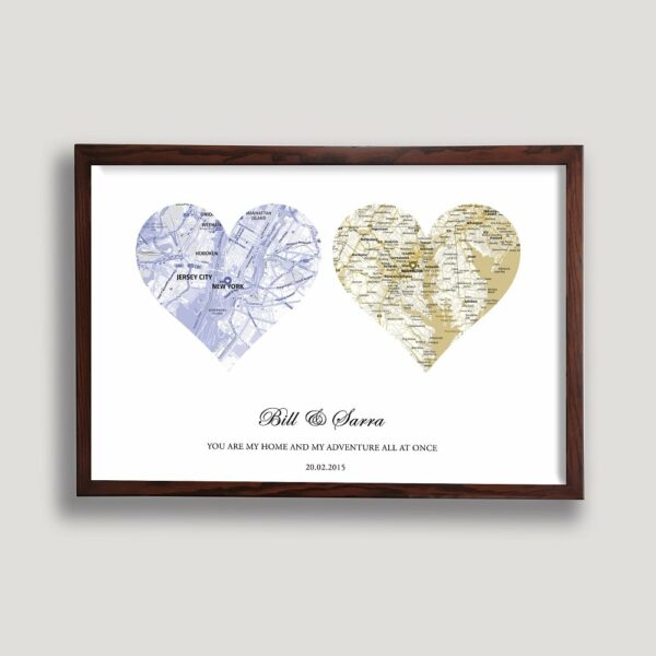 wedding heart map framed canvas walnut brown