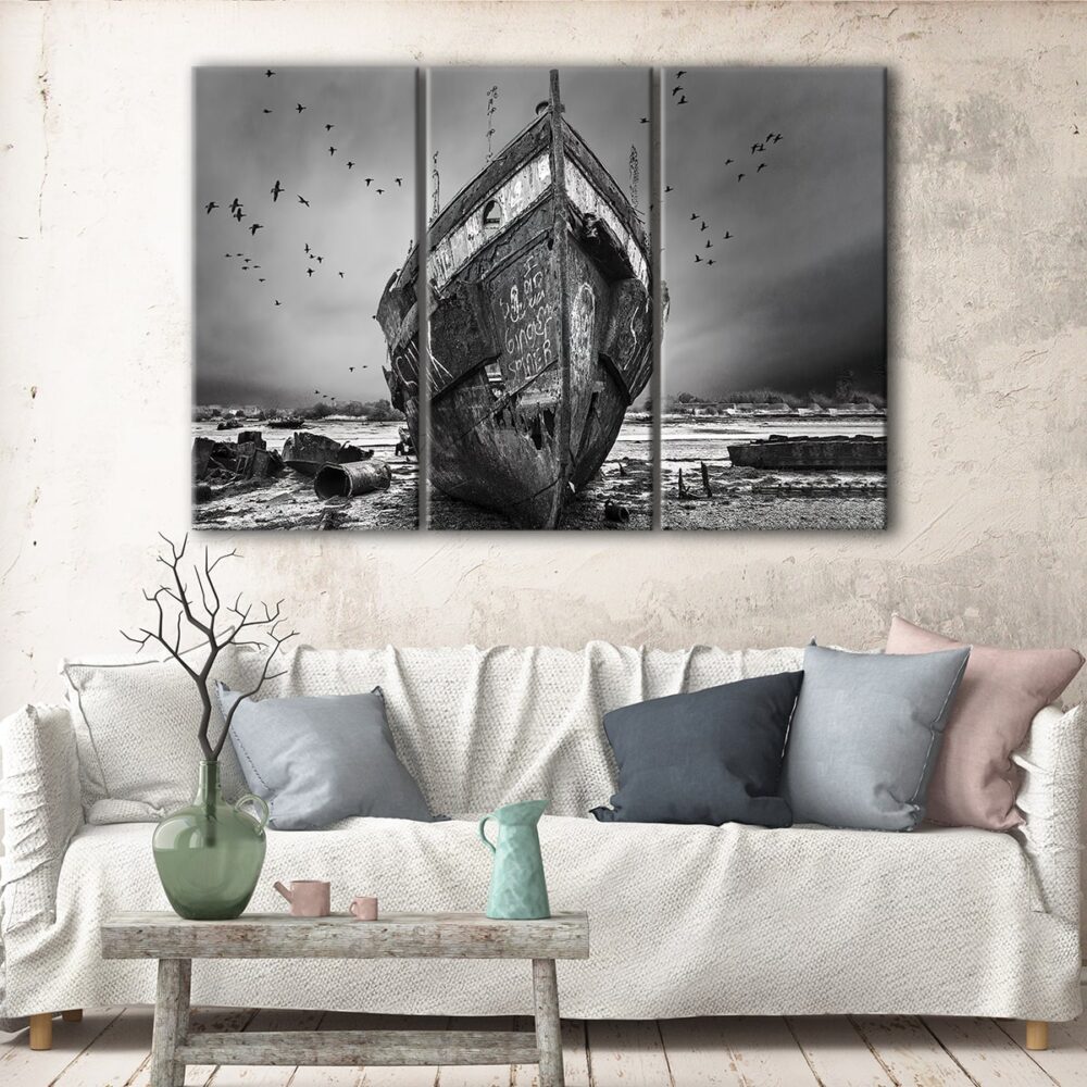 3 panels abandoned boat canvas art