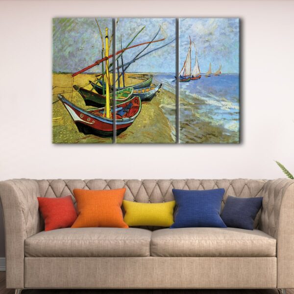 3 panels boats on the beach canvas art