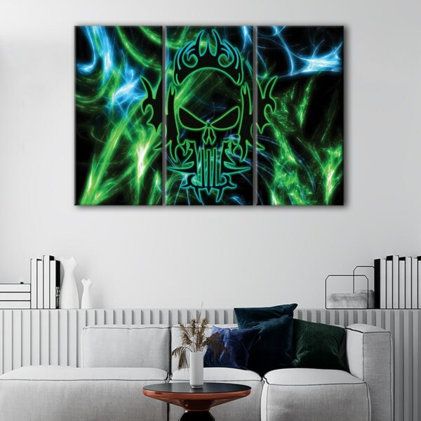 3 panels electric green skull canvas art