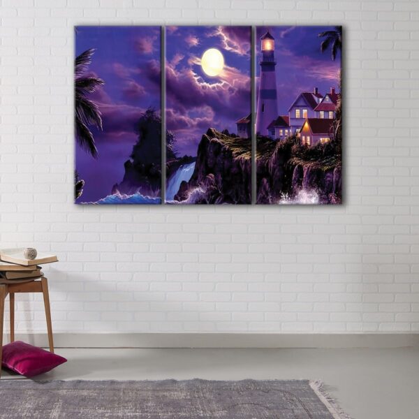 3 panels lighthouse under the moon canvas art