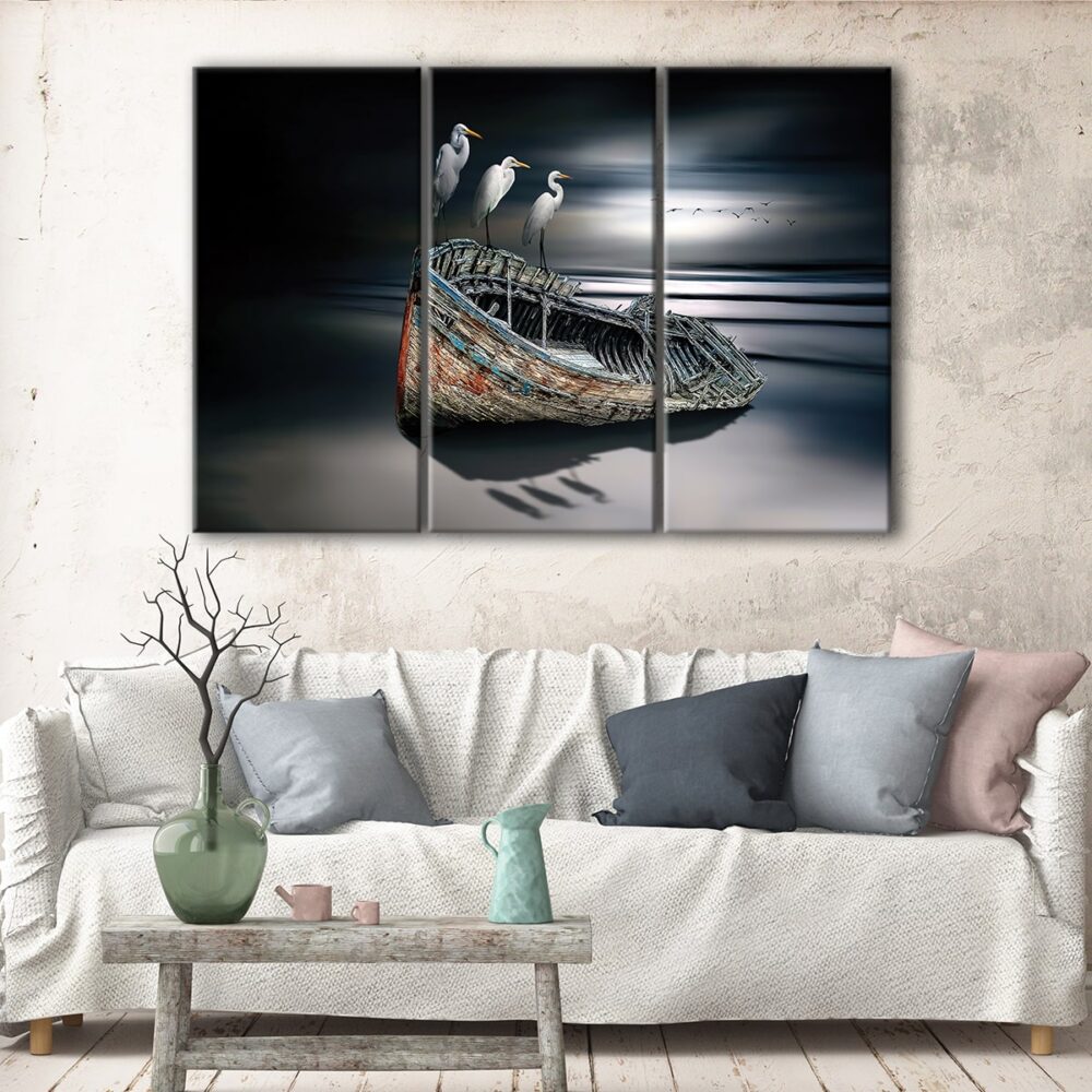 3 panels storks on boat canvas art