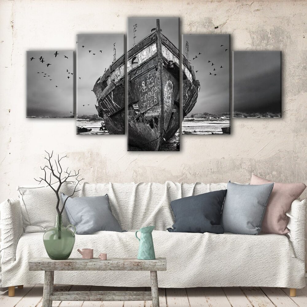 5 panels abandoned boat canvas art