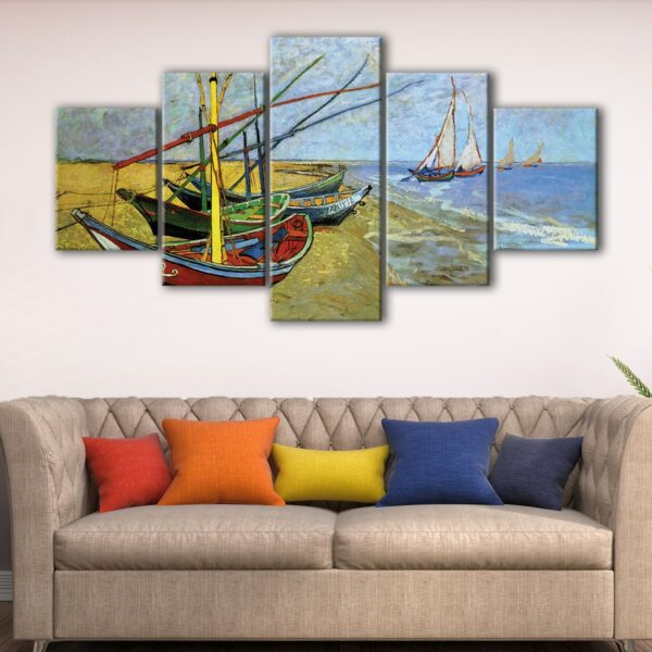 5 panels boats on the beach canvas art