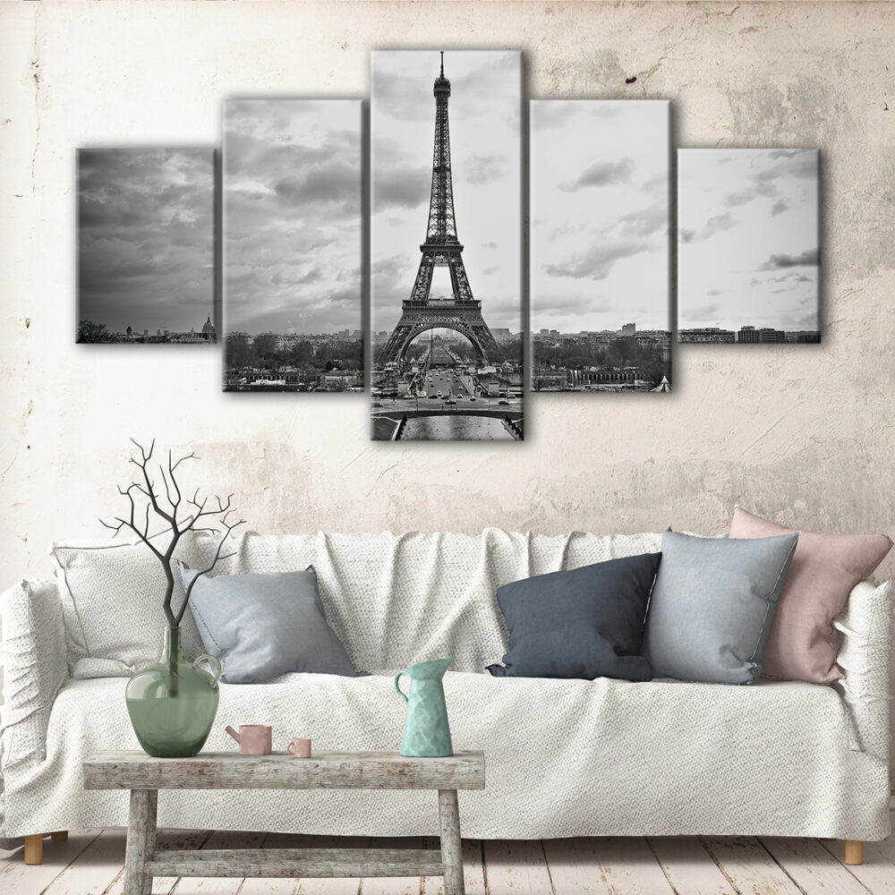 5 panels eiffel tower black and white canvas art