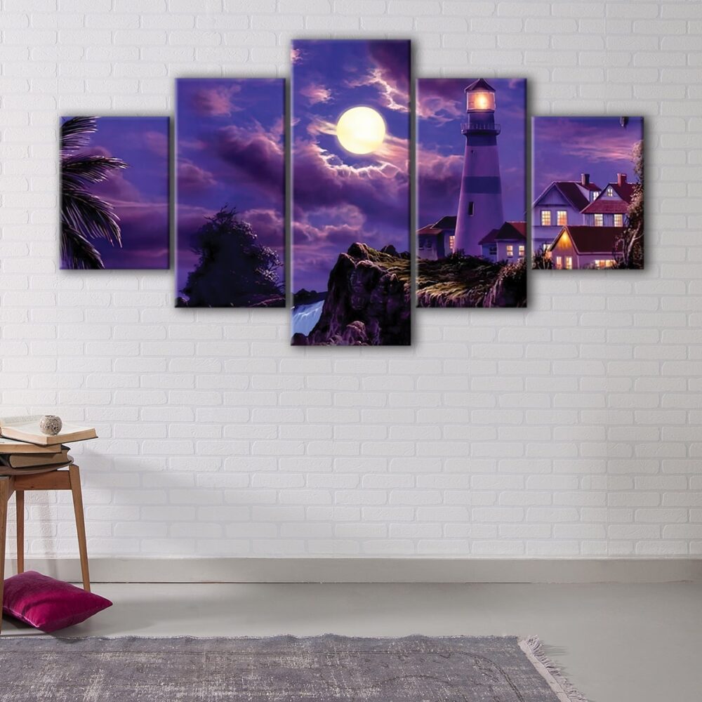 5 panels lighthouse under the moon canvas art