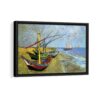 boats on the beach framed canvas black frame