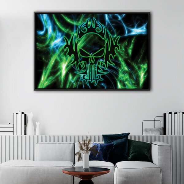 electric green skull floating frame canvas