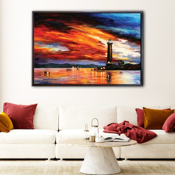 lighthouse sunset giclee floating frame canvas