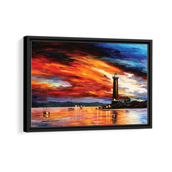 lighthouse sunset giclee framed canvas black frame