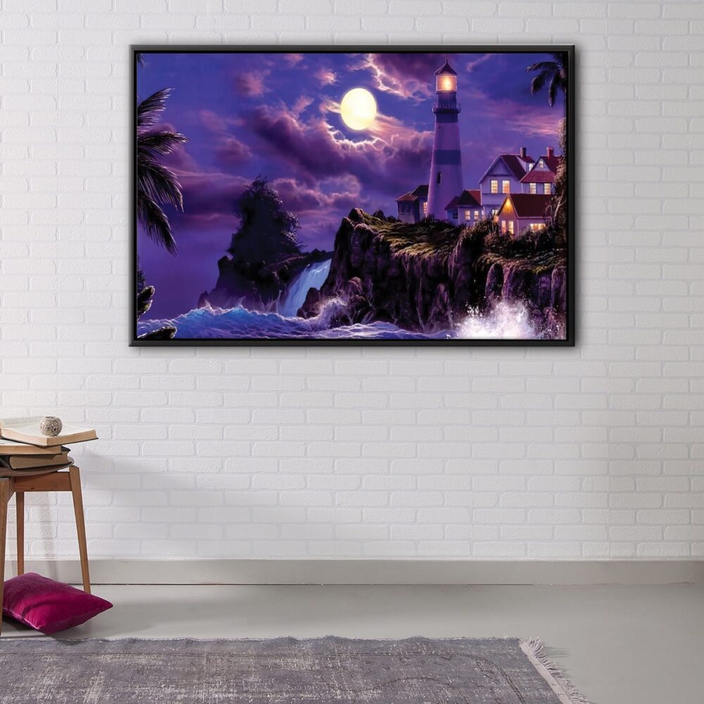 lighthouse under the moon floating frame canvas