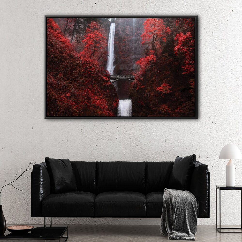 red autumn waterfall floating frame canvas