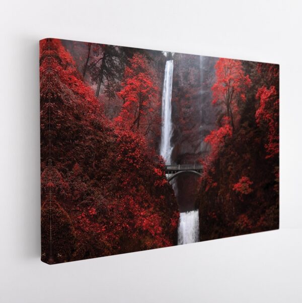 red autumn waterfall stretched canvas