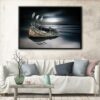 storks on boat floating frame canvas