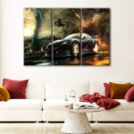 3 panels gtr in fire canvas art