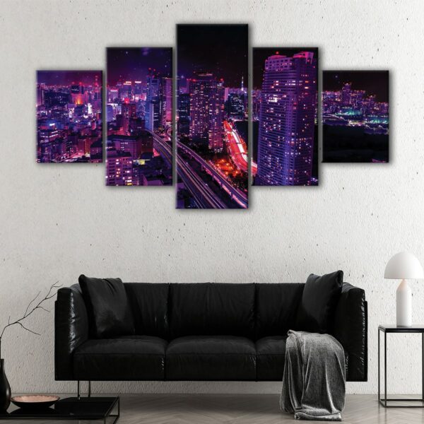 5 panels tokyo by night canvas art