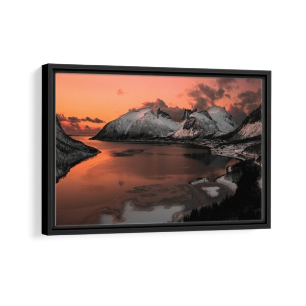 snowy mountains framed canvas black frame