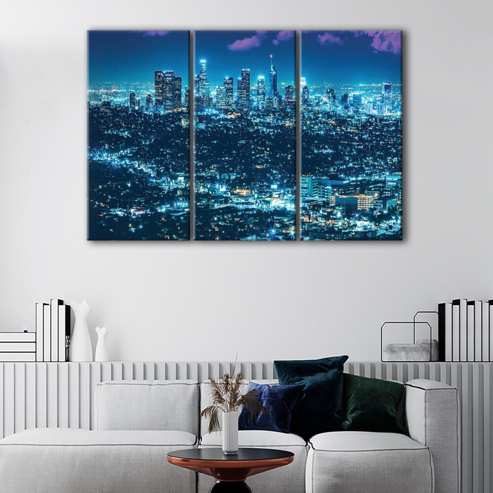 3 panels los angeles by night canvas art