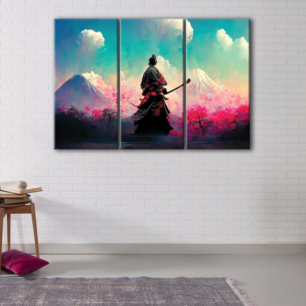 3 panels samurai cherry blossom canvas art