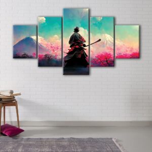 5 panels samurai cherry blossom canvas art