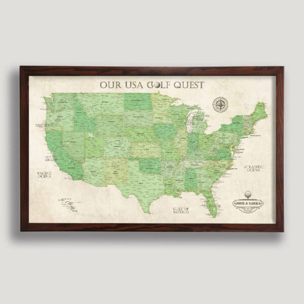 USA golf courses push pin map - brown frame