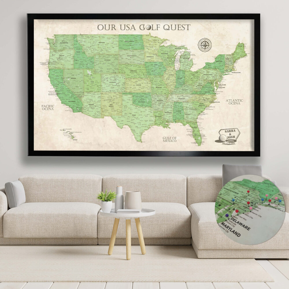 USA golf courses push pin map framed