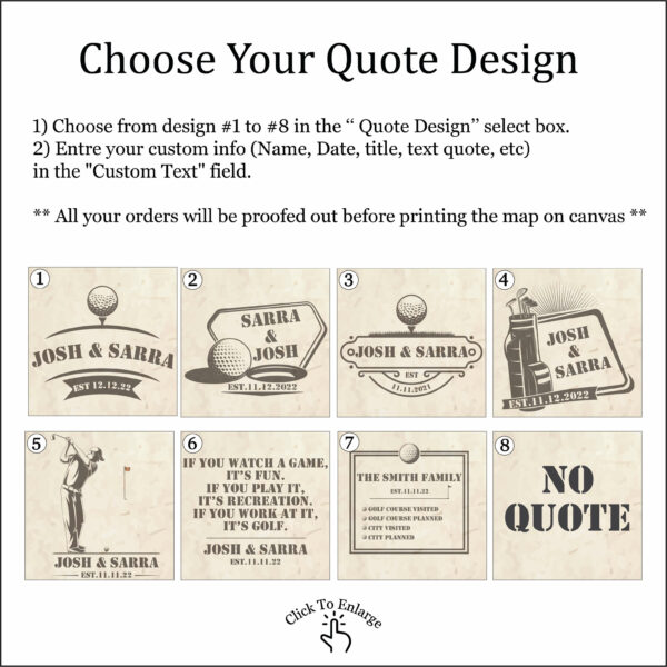 USA golf courses push pin map quote personalization