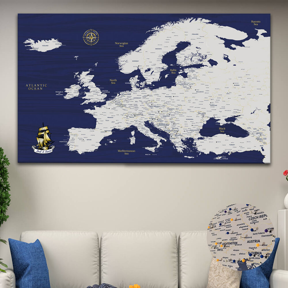 Blue Gold push pin europe map featured