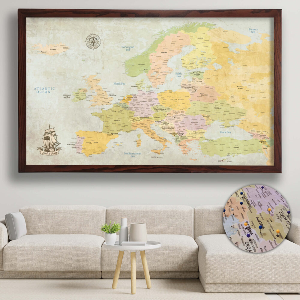 Classic push pin europe map framed