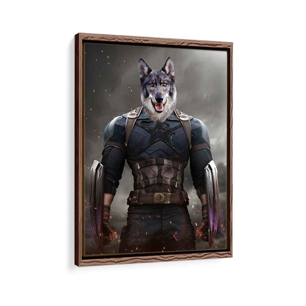 captain america pet portrait framed canvas walnut brown