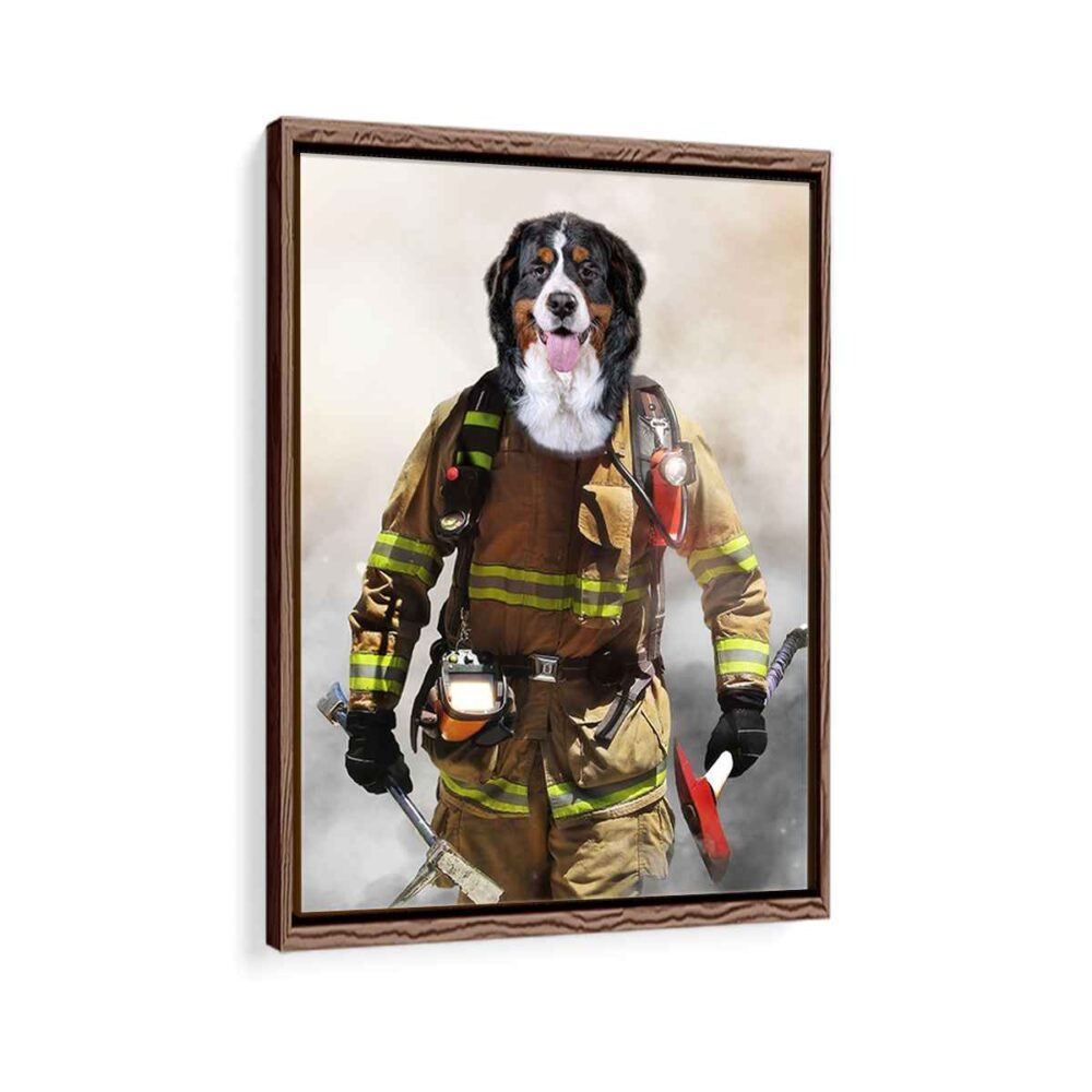 firefighter pet portrait framed canvas walnut brown