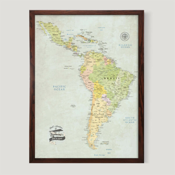 Classic push pin South & Central America map - brown frame