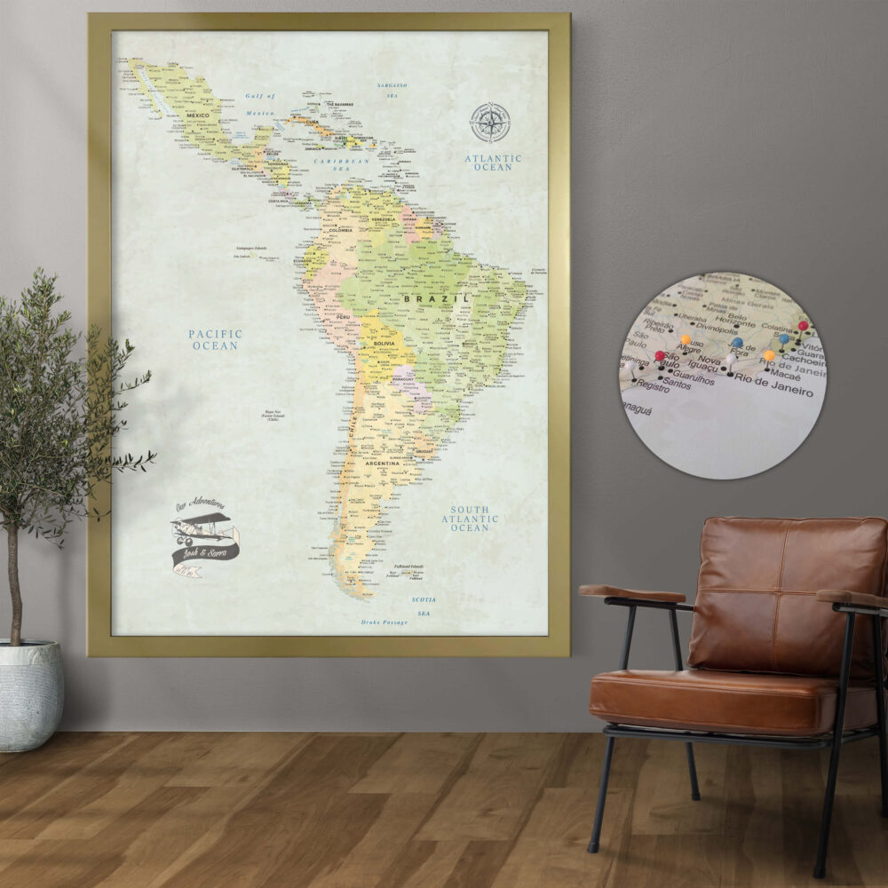 Classic push pin South & Central America map framed