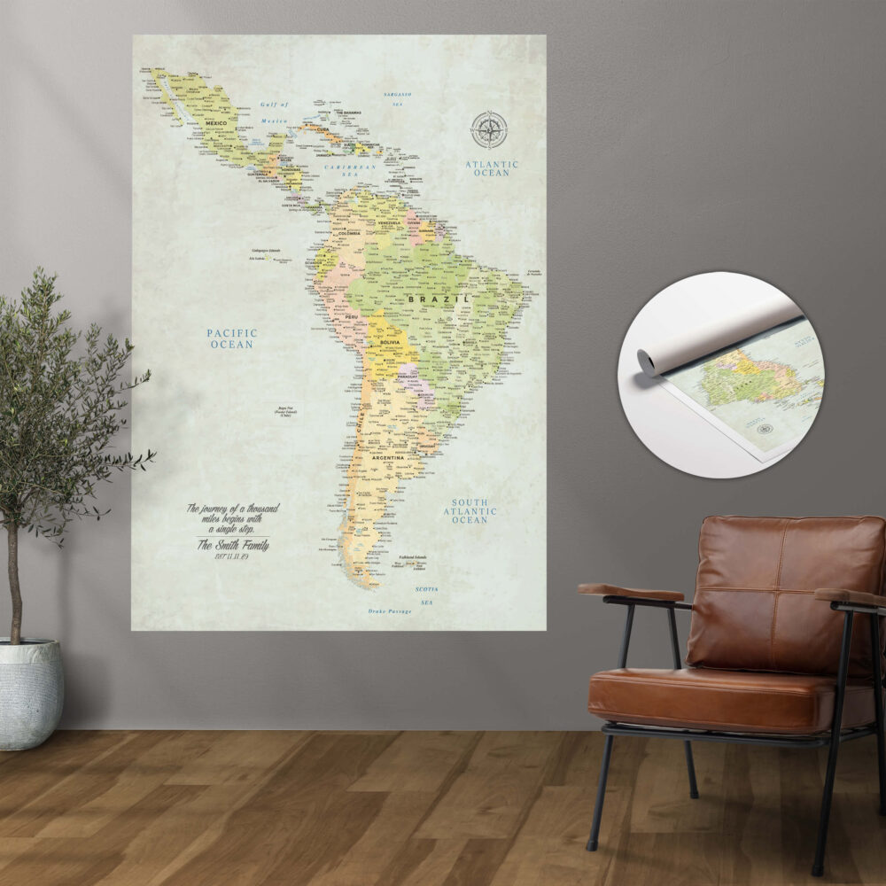 Classic push pin South & Central America map rolled