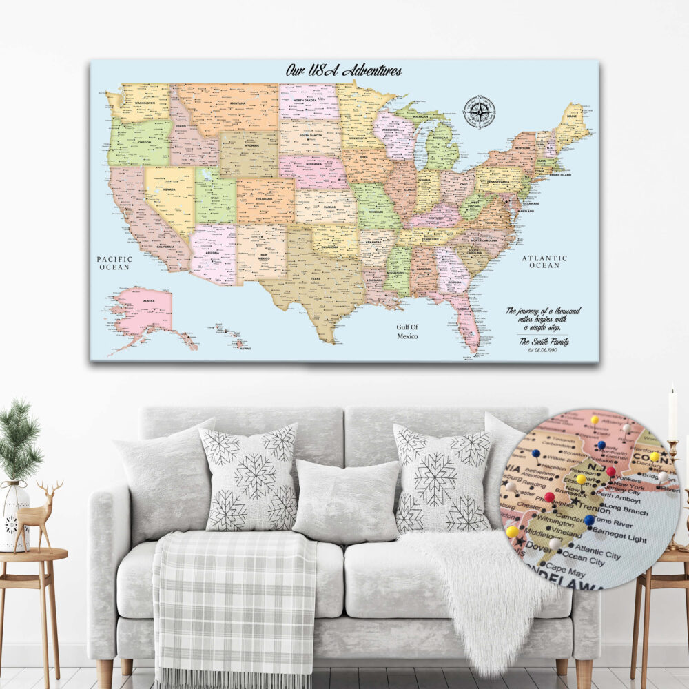 Colorful push pin usa map