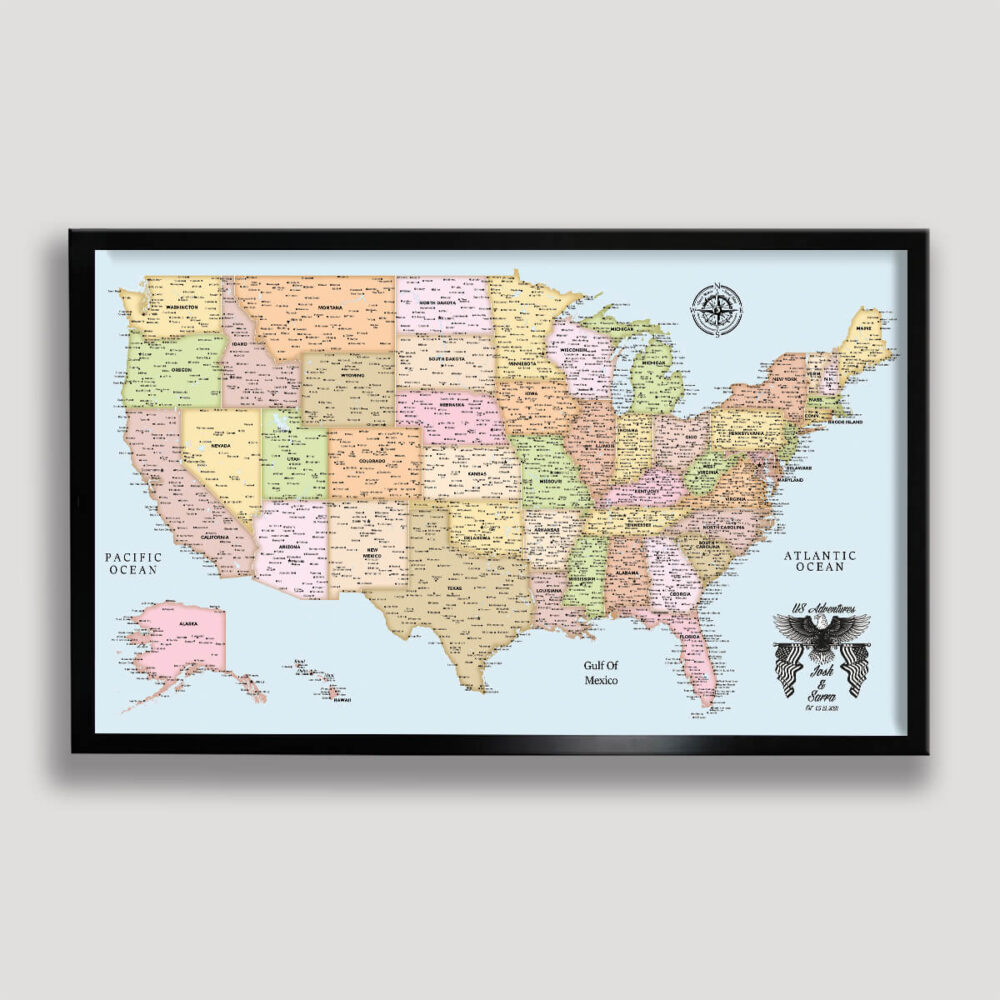 Colorful push pin usa map - black frame