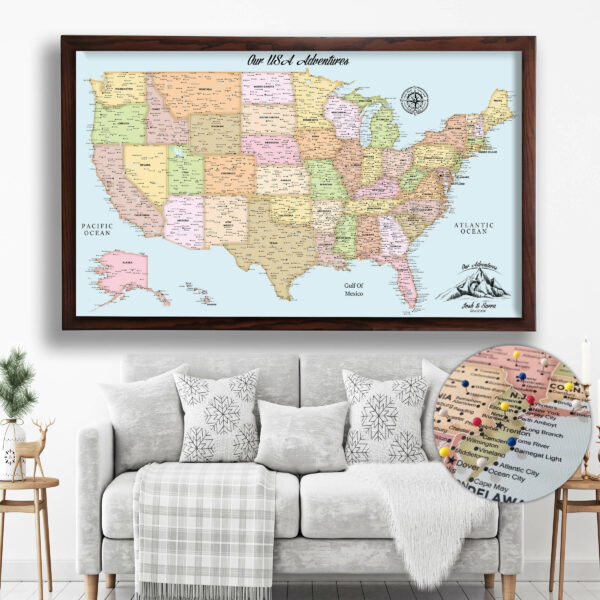 Colorful push pin usa map framed