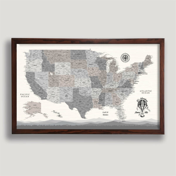 Farmhouse push pin usa map - brown frame