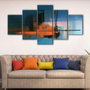 5 panels orange and blue landscape canvas art