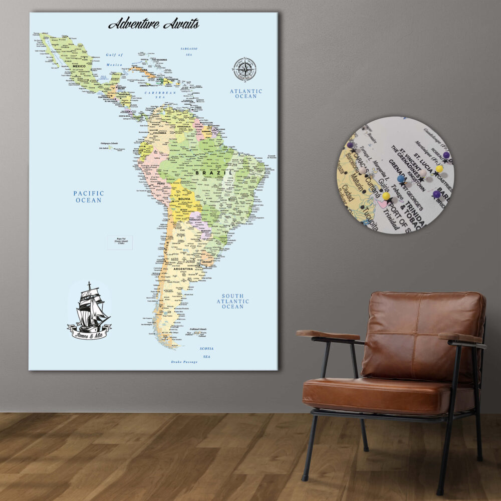 Colorful push pin South & Central America map