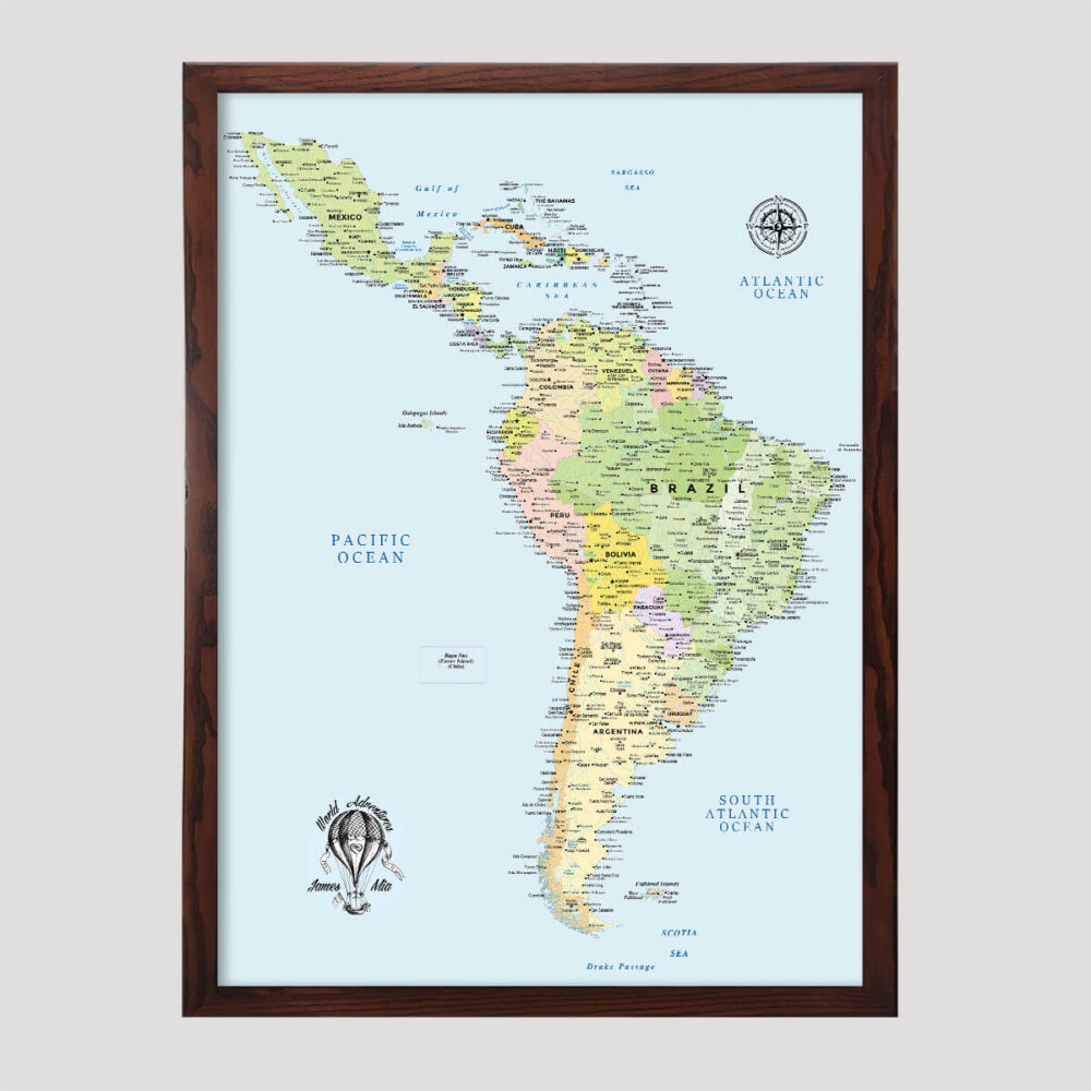 Colorful push pin South & Central America map - brown frame