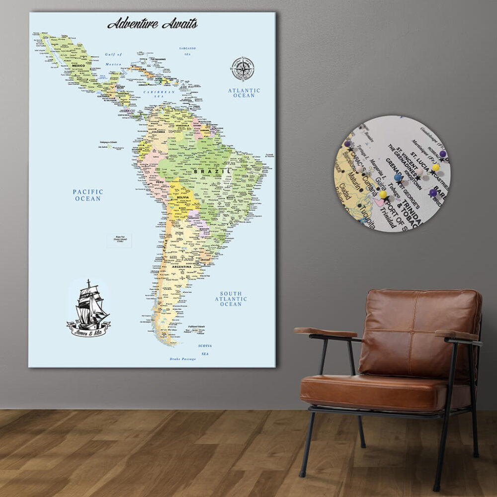 Colorful push pin South & Central America map featured