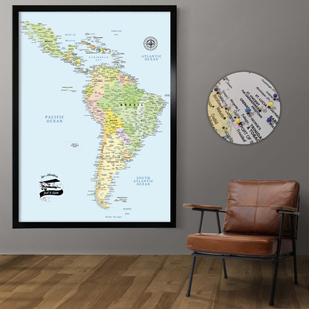 Colorful push pin South & Central America map framed