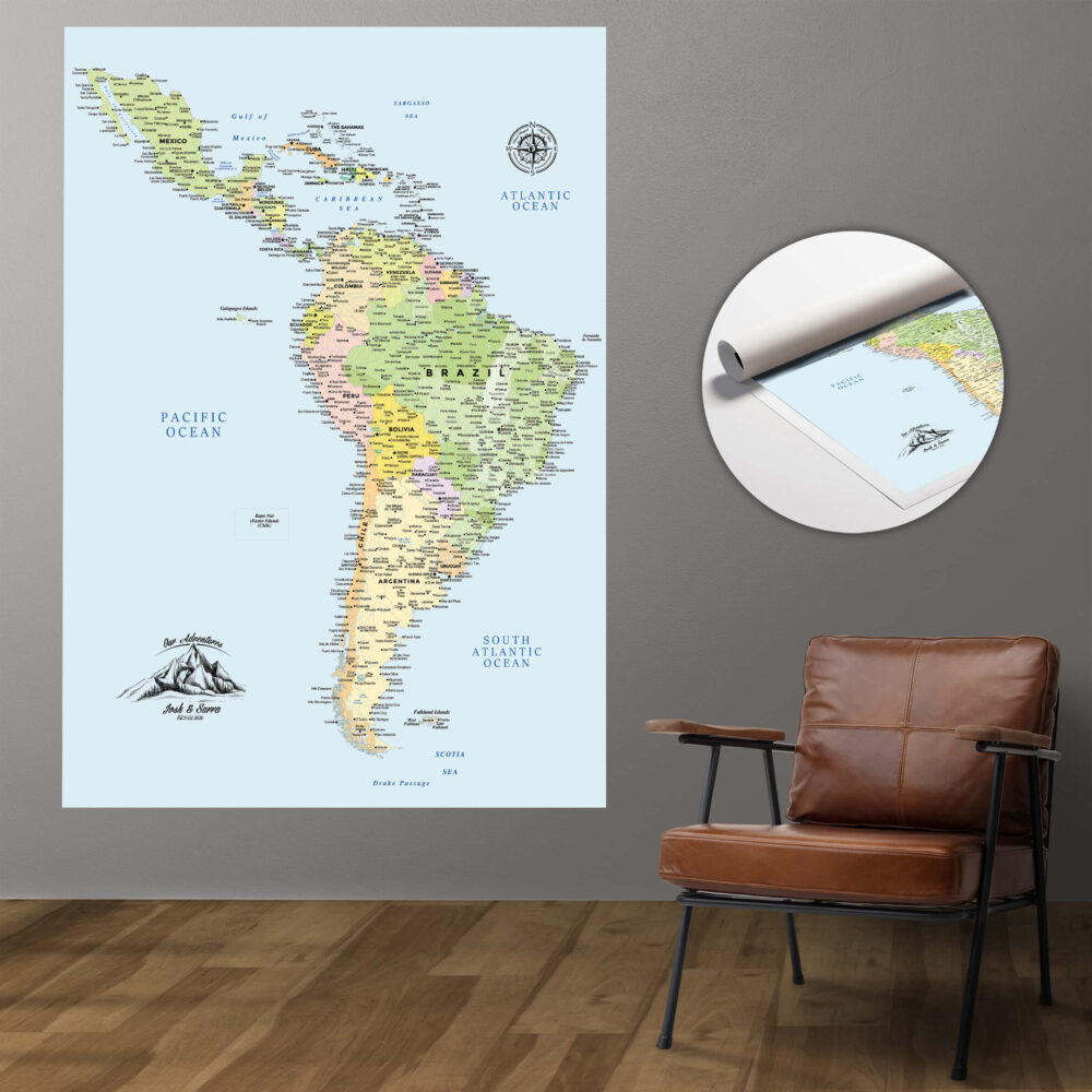 Colorful push pin South & Central America map rolled