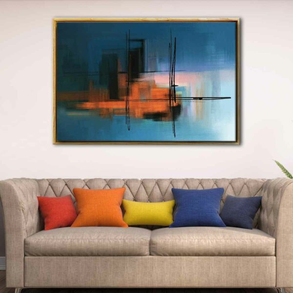 tableau paysage orange et bleu avec cadre flottant