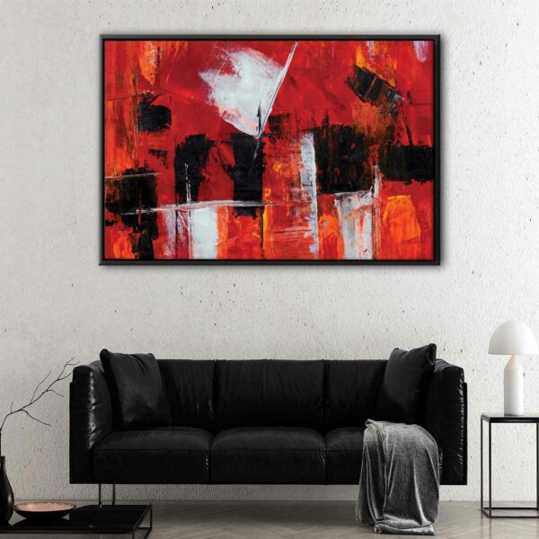 tableau abstrait rouge avec cadre flottant