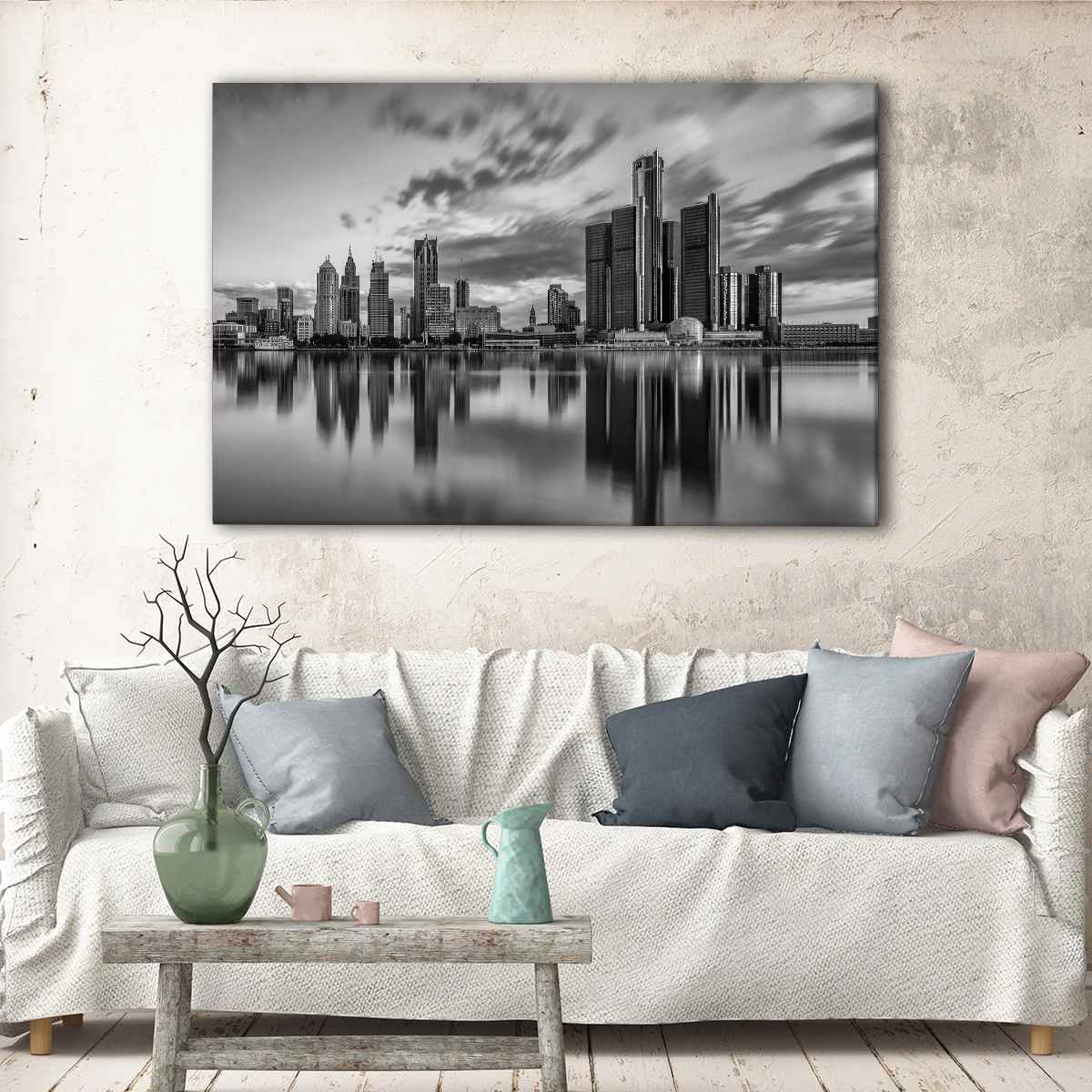 Detroit Black White Skyline Wall Art Skyline Print Canvas