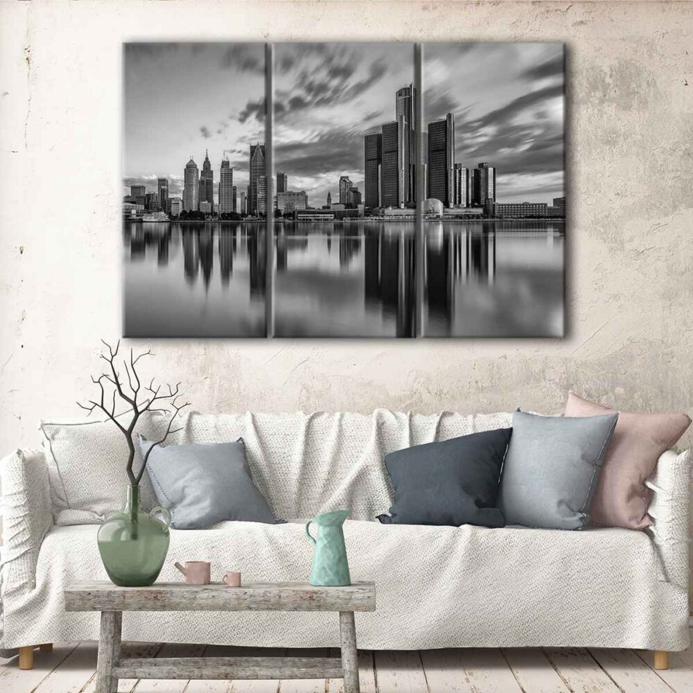 3 panels detroit black and white skyline canvas art