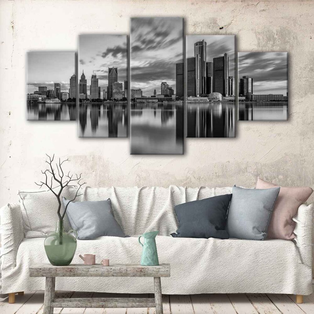 5 panels detroit black and white skyline canvas art